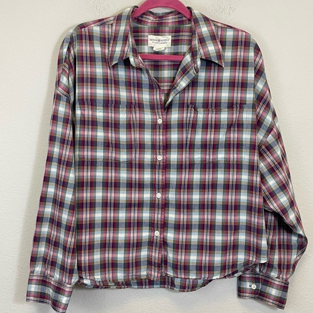 Denim & Supply Ralph Lauren Western Plaid Button Down Shirt Roll Tab Sleeves L